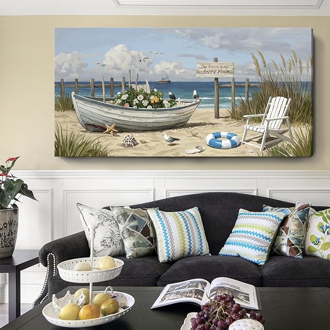 amatop Oversized Coastal Canvas Wall Art – Nautical Seaside Landscape Floral Boat on Sandy Beach Ocean Seabirds Horizontal Decor Large Wildflower Nature Artwork for Living Room Bedroom Office 58×29 Inch