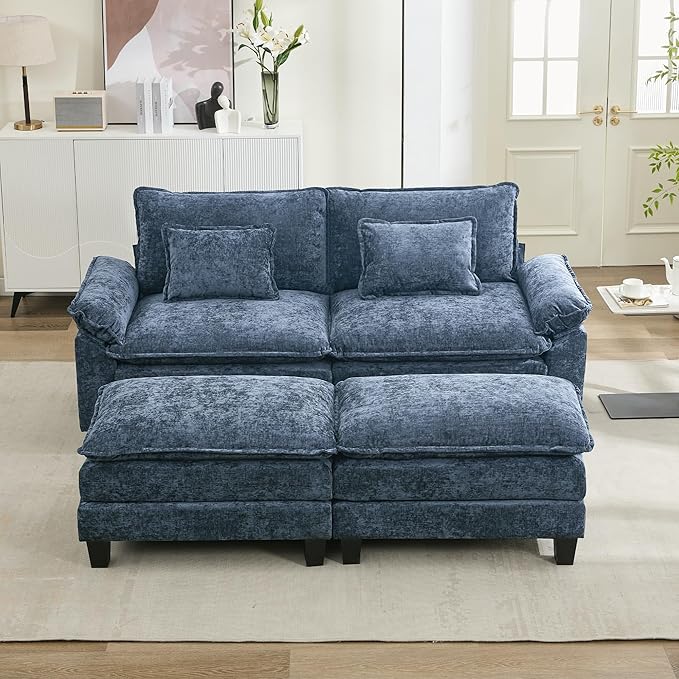 URRED Modular Sectional Sofa Comfy Cloud Couch, Modern Chenille Sofa Sleeper Deep Seat Couches with Ottoman/Pillows for Living Room (Blue, 82.6''- 2 Ottomans)