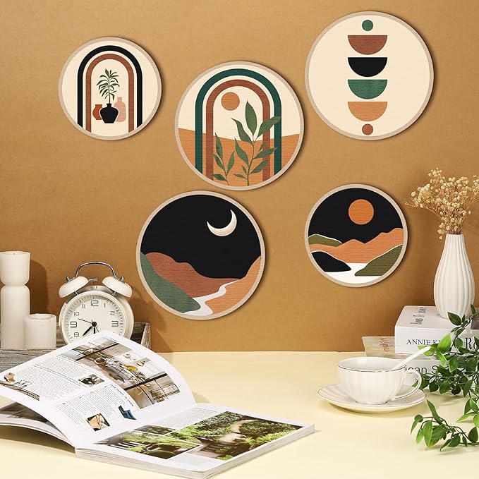 Qunclay 5 Pcs Wall Art Decor Wooden Living Room Wall Decor Bohemian Hanging Farmhouse Geometric 10'' and 8'' Aesthetic Wood Minimalist Posters for Bedroom(Sunset)