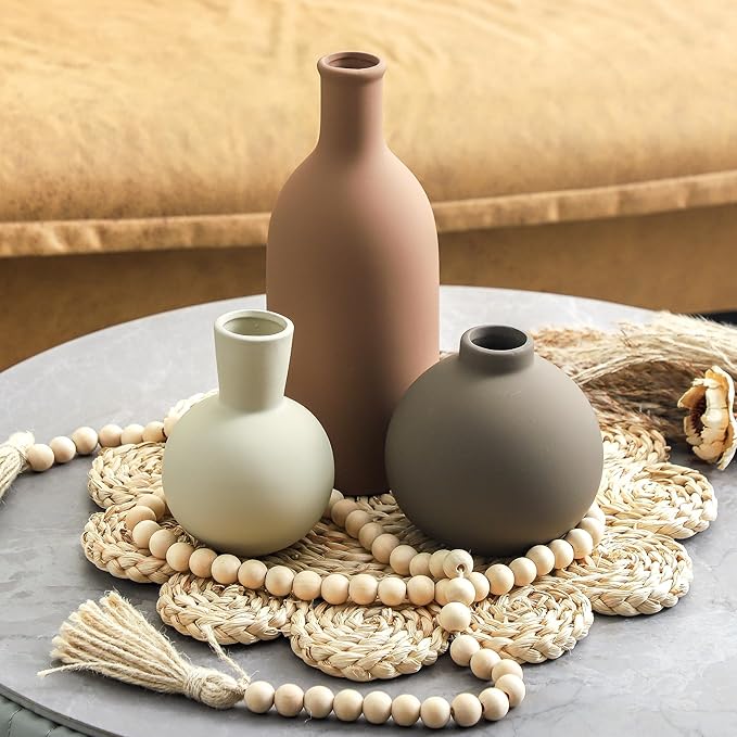 Vase Set of 3 | Ceramic Neutral Vases Home Decor | Rustic Flower Pottery Vases Modern Farmhouse Vase for Table Entryway Mantel Centerpiece Bookshelf Living Room Bathroom Bedroom -Brown Large