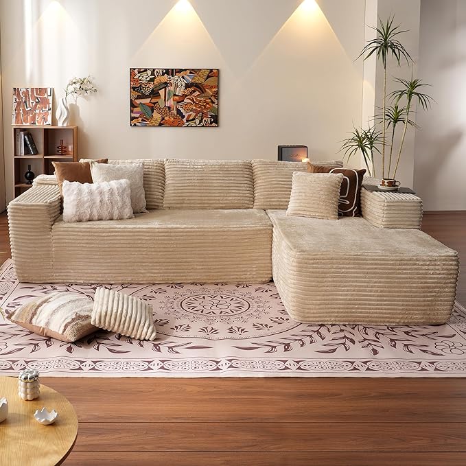 ovios 104" Cloud Sectional Couch with L-Shape Chaise,Modern Modular Sofa with Deep Seat, Upholstered Couches for Living Room Bedroom,No Assembly Required, Beige (Plush Corduroy Fabric)