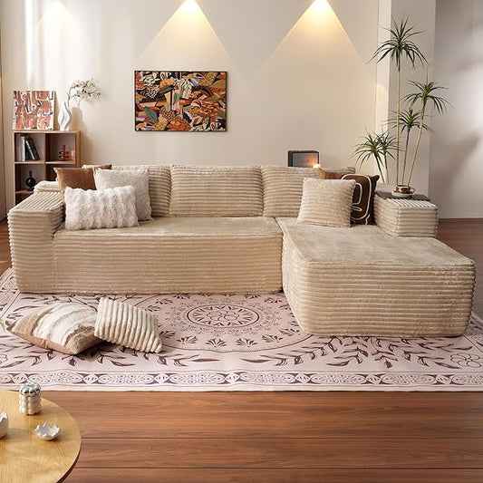 ovios 104" Cloud Sectional Couch with L-Shape Chaise,Modern Modular Sofa with Deep Seat, Upholstered Couches for Living Room Bedroom,No Assembly Required, Beige (Plush Corduroy Fabric)