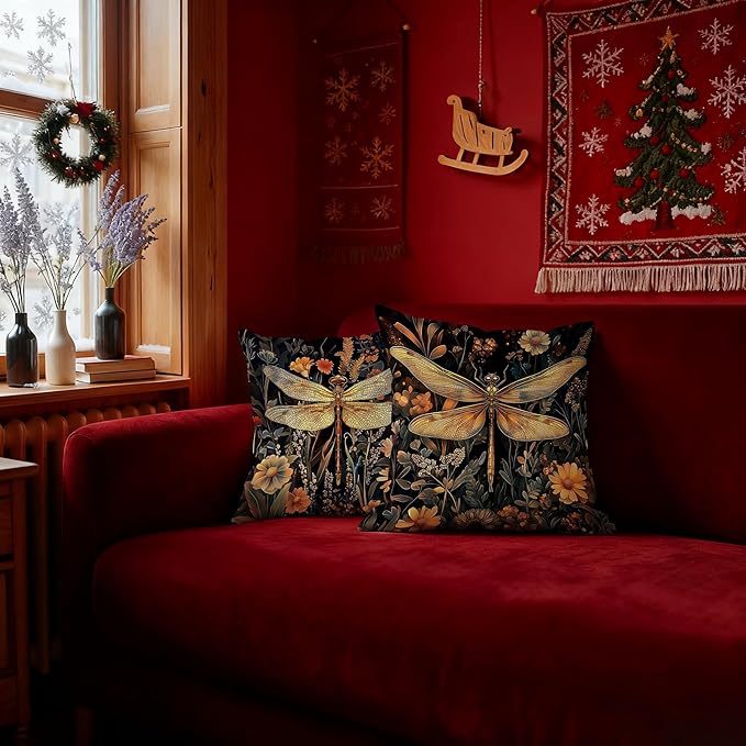 Vintage William Morris Inspired Dragonfly Pillow Covers 18x18, Dark Cottagecore Botanical Wildflower Decorative Throw Pillow Covers for Bedroom Living Room Home, Cottagecore Room Decor