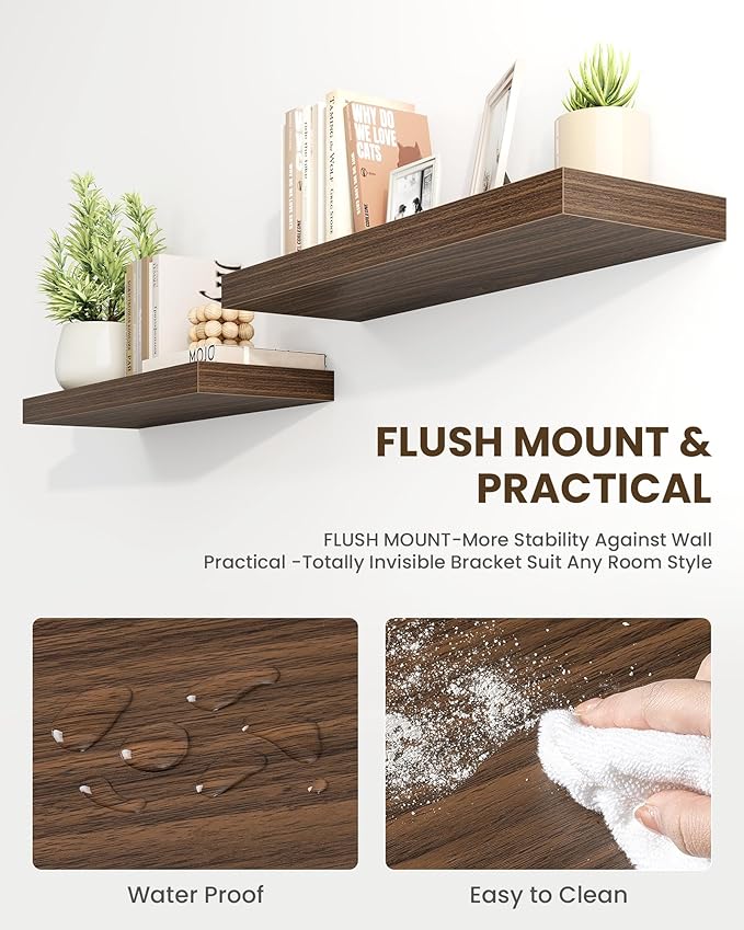 Marsmiles 6.7" Floating Shelves for Wall, Wooden Shelves with Invisible Brackets Set of 2, Rustic Farmhouse Wall Mounted Shelf for Kitchen Bathroom Living Room Study, Walnut