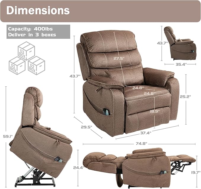 Power Lift Recliner Chair for Adults Elderly Lay Flat Velvet Recliners with Massage Heating, Extended Footrest, Wireless Charging Device, USB Ports, Cup Holder, Lumbar Pillow