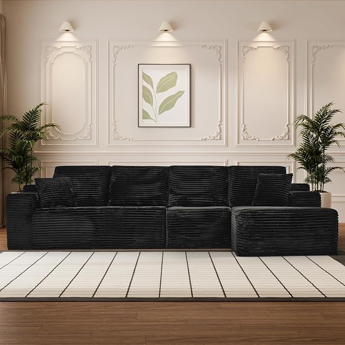 Modular Sectional Sofa Cloud Sectional Couch, 135" Comfy Fluffy L Shaped Black Couches for Living Room, Deep Seat Memory Foam Plush Corduroy Boneless Couch Sectionals with Right Facing Chaise Sofa