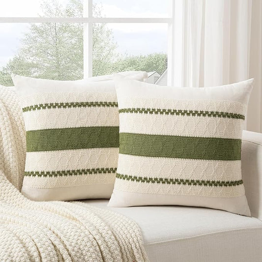 Fancy Homi Set of 2 Boho Moss Green Decorative Throw Pillow Cover 20x20 Inch for Couch Bed Sofa, Aesthetic Modern Organic Farmhouse Home Decor, Soft Cotton Cute Accent Macrame Woven Cushion Case