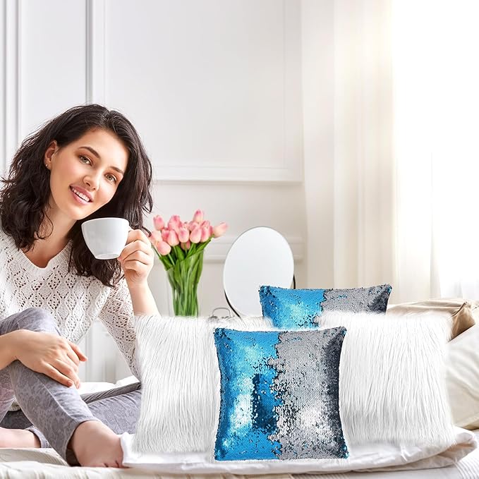 Irenare 4 Pcs Sequin and Fluffy Pillow Covers Winter Throw Pillow Cases Soft Cushion Cover for Couch Bed Sofa Xmas Day(18 x 18 Inch,White, Silver-Blue)