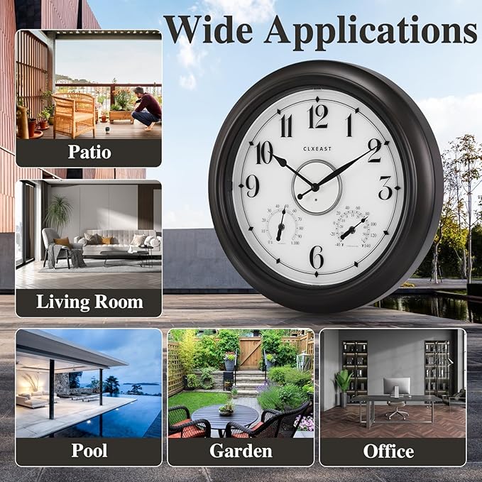 CLXEAST Illuminated Indoor Outdoor Clocks Waterproof 18 inch with Smart Night Light Sensor,Large Wall Clock with Thermometer & Hygrometer,Oil Rubbed Bronze Black,House Warming Gifts New Home