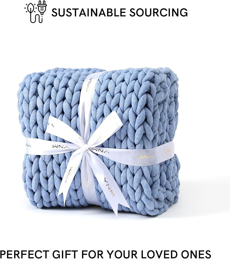 YnM Chunky Throw Blanket, Medium-Weight, Hand Knitted, Skin Friendly, Ventilated and Breathable, Machine Washable, Home Décor Piece for Couch, Sofa and Bed (Cerulean Blue, 50x70 Inch)