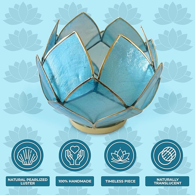 Blooming Lotus Capiz Shell Tealight Candle Holder, Handcrafted Decorative Tea Light Candleholder with Translucent Flower Petals for Ambient Illumination and Natural Elegance, Aquamarine