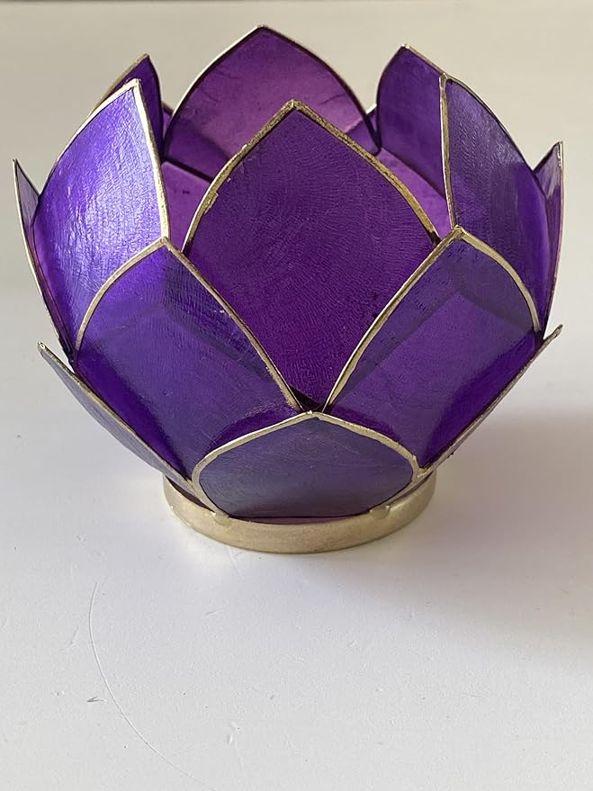 Blooming Lotus Capiz Shell Tealight Candle Holder, Handcrafted Decorative Tea Light Candleholder with Translucent Flower Petals for Ambient Illumination and Natural Elegance, Purple