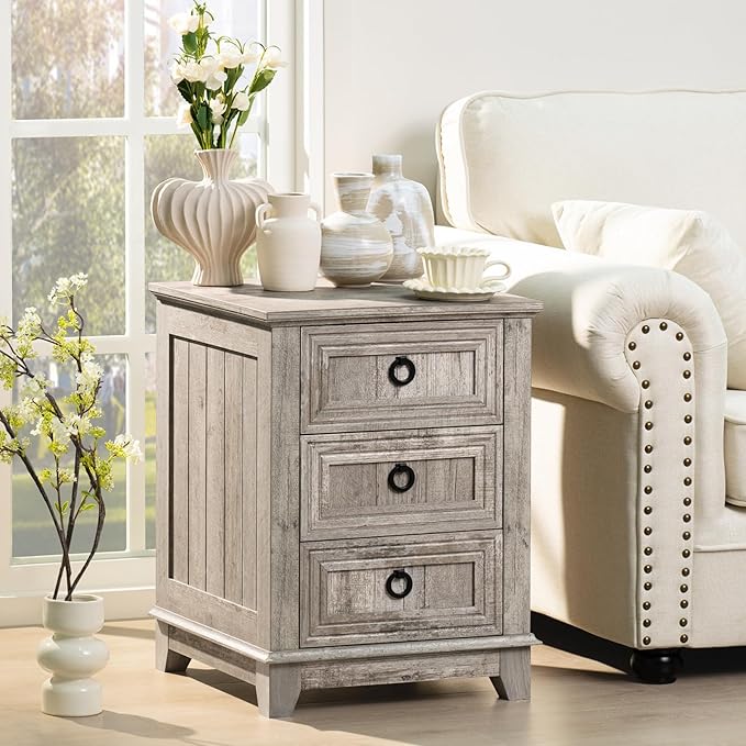 Farmhouse Night Stand Set of 2, 18" End Table with 3 Drawer Metal Handle, Dresser for Bedroom, Sofa Bed Side Table Chest of Drawers,Wood Nightstand Cabinet for Organizer, Living Room-Oak