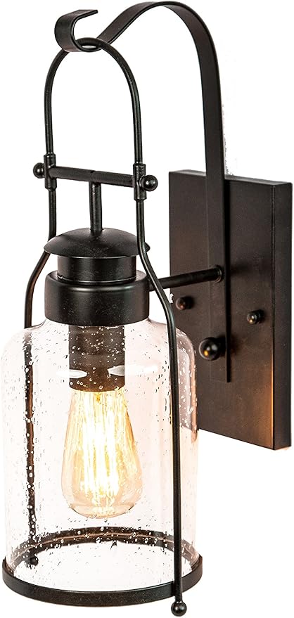Muskoka Lifestyle Products Rustic Wall Light Lantern with Retro Industrial loft Lantern Look in Rubbed Bronze Powder Coat Finish with Milk Pioneer jug Glass