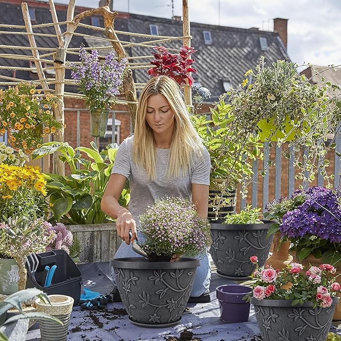 4 Pack 8 Inch Flower Pots for Outdoor Indoor, Plastic Plant Pots with Drainage Hole & Saucer, Lightweight Small Resin Flower Pot, Imitation Magnolia Pots for Garden House planters（Gray）