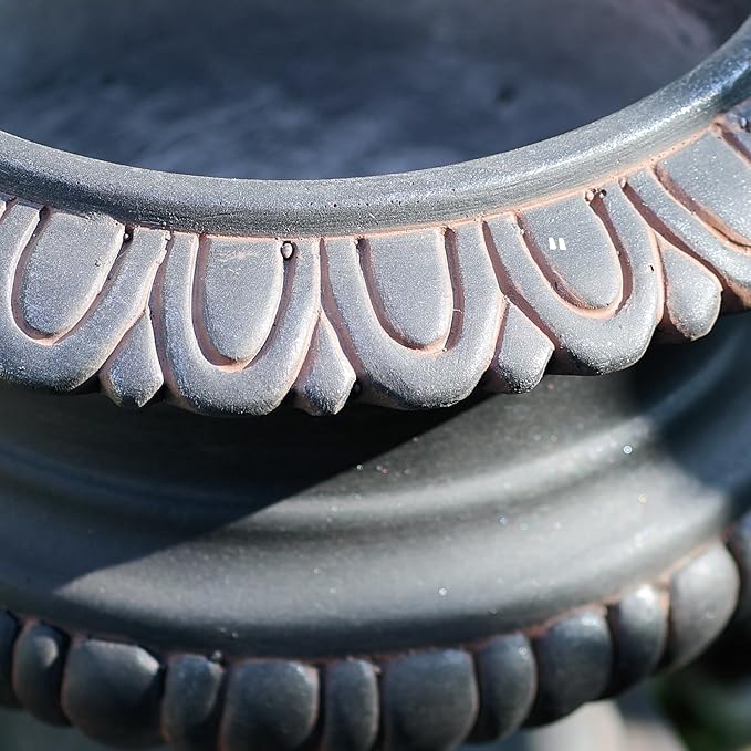 VISIBLE Classic Garden Urn Planter with Pedestal, Black Antique Finish, Cement Fiber Material, Decorative Leaf Pattern, 22 Inch Height, Indoor Outdoor Use, Delivered from Local Warehouse (Black)