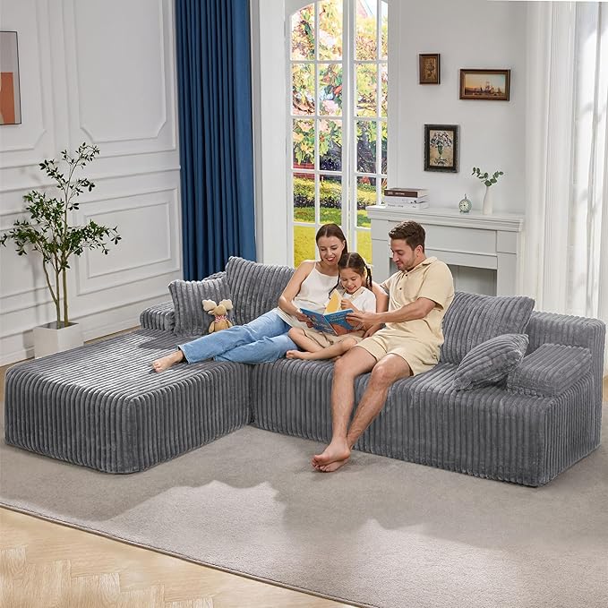Hobestluk Modular Sectional Sofa Couches 108" L-Shape Couch 3 Seat Modular Sofa Memory Foam Sectional Couches for Living Room, Boneless Couch with Oversized Chaise (Light Grey, Left Facing)