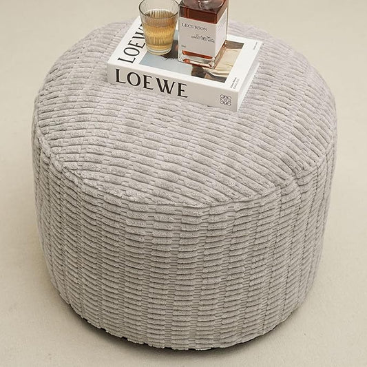 Round Stuffed Pouf Ottoman for Foot Rest, Storage Ottoman Pouf Foot Stool Cushion, Faux Fur Poufs with Foam Chunk Filling, 26 X 18 Inch Floor Chair for Living Room Bedroom Home Decor, Light Gray
