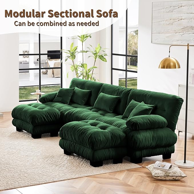 Modular Sectional Sofa, Comfy Cloud Couch 3 Seater Couch with Ottoman, Sectional Couches for Living Room, Modern Chenille U Shaped Couches, Sleeper Deep Seat Sofa with Throw Pillows, Green