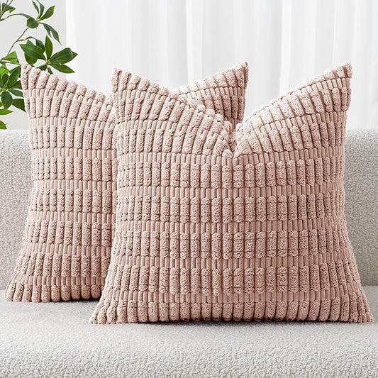 MIULEE Pack of 2 Corduroy Decorative Throw Pillow Covers 20x20 Inch Soft Boho Striped Pillow Covers Modern Farmhouse Home Decor for Sofa Living Room Couch Bed Pink