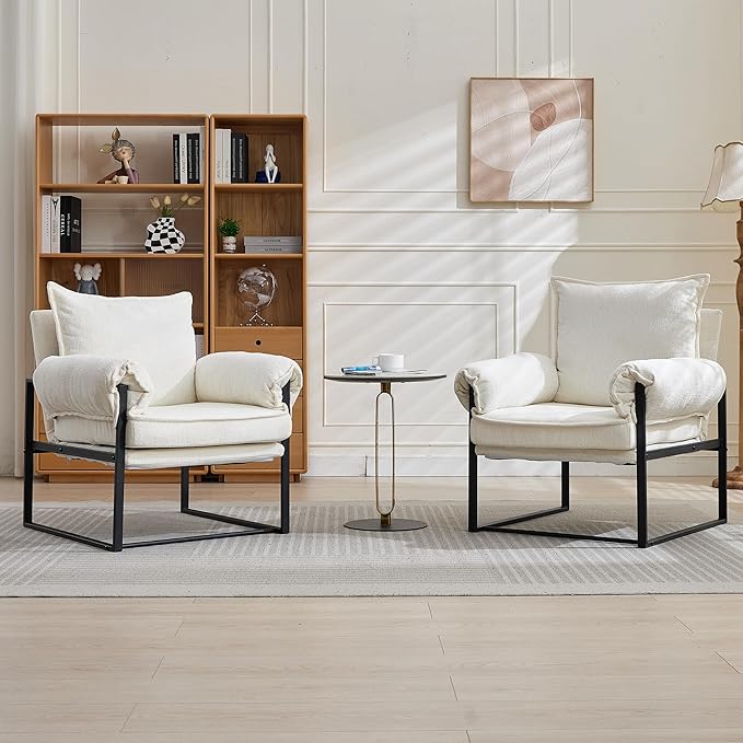 YISHENG Accent Chair with 6-Angle Adjustable Backrest, Chenille Fabric Living Room Chair Upholstered Lounge Chair, Modern Chair Cozy Reclining Chair for Reading Room, Set of 2 White