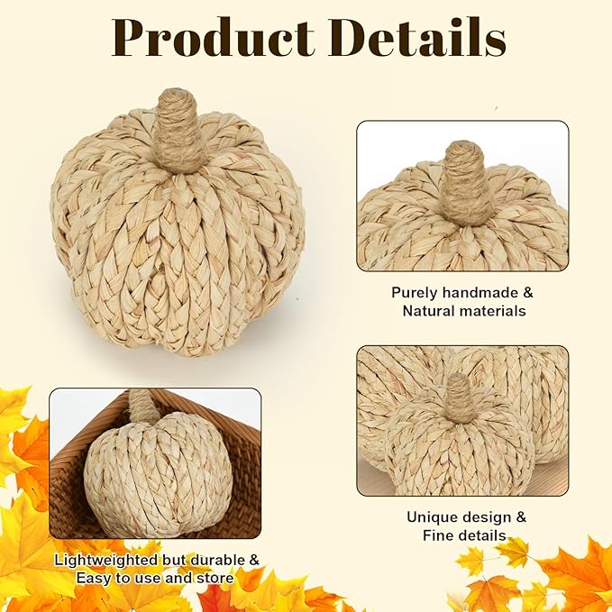 naturevibe 4.3 Inches Braided Cornhusk Pumpkin Decor Set of 4 as Centerpieces for Tables,Natural Corn Stalks Woven Pumpkins for Fall Home Decor,Thanksgiving Decorations or Autumn Harvest Gifts