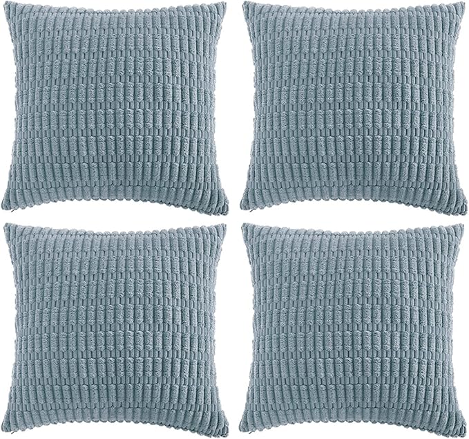 Fancy Homi 4 Packs Boho Light Blue Decorative Throw Pillow Covers 26x26 Inch for Couch Bed Sofa, Rustic Modern Farmhouse Home Decor, Soft Plush Corduroy Cute Square Cushion Case 66x66 cm