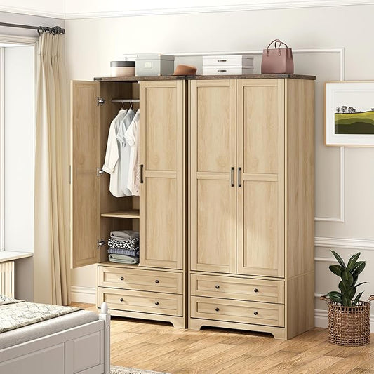 Brafab Armoire Wardrobe Closet with 2 Modern Doors Set of 2, 71" Tall Freestanding Closet Wardrobe Cabinet with Drawers and Hanging Rail, Wooden Storage Cabinet with Shelve for Bedroom,Natural