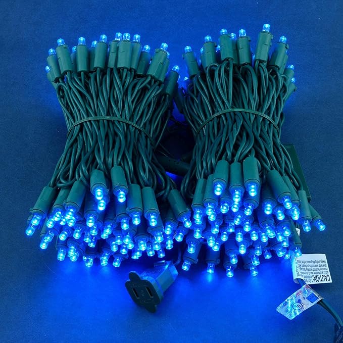 200 Count Blue Wide Angle LED Christmas Lights, 66 ft Green Wire UL Certified Commercial Grade 5mm Holiday String Light Set (Blue)