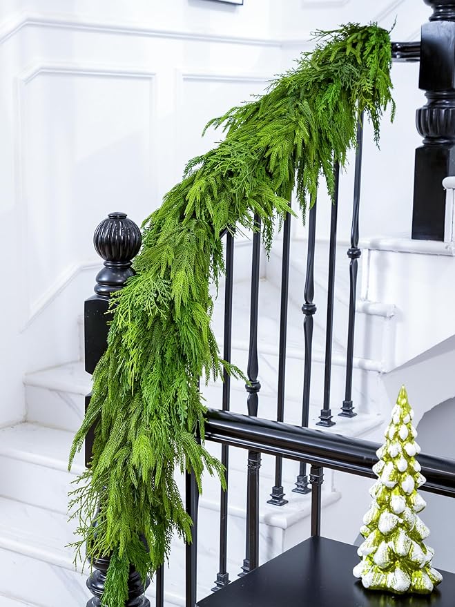 6FT Norfolk Pine Garland Real Touch Cedar Cypress Pine Garland Christmas Greenery for Mantle Stairs Table Window Front Door Christmas Decorations Xmas Decor