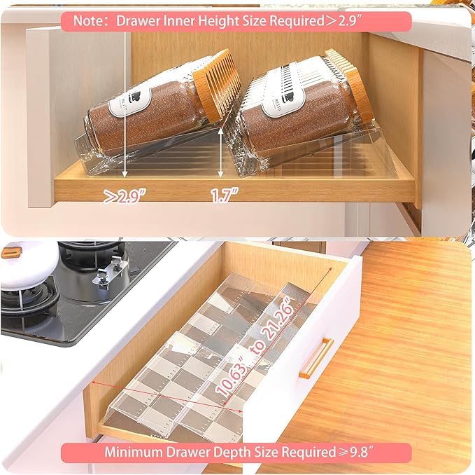 2-Tier Non-Slip Spice Drawer Organizer, 2-Pack Checkered Frosted Clear Acrylic, Expandable (11''-22'') Spice Rack for Kitchen Drawer Storage – Holds Seasonings, Herbs, and Spices (Jars Not Included)