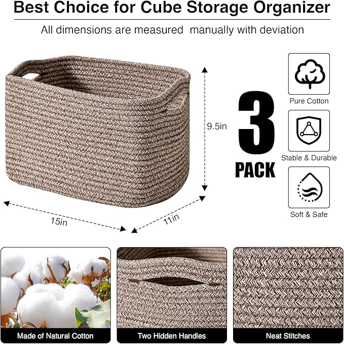 Storage Baskets for Organizing Shelves, Woven Cotton Rope Bins for Baby Nursery Organization, Book Toy Towel Organizer, 15"x11"x9.5", 3 Packs, Dark Brown