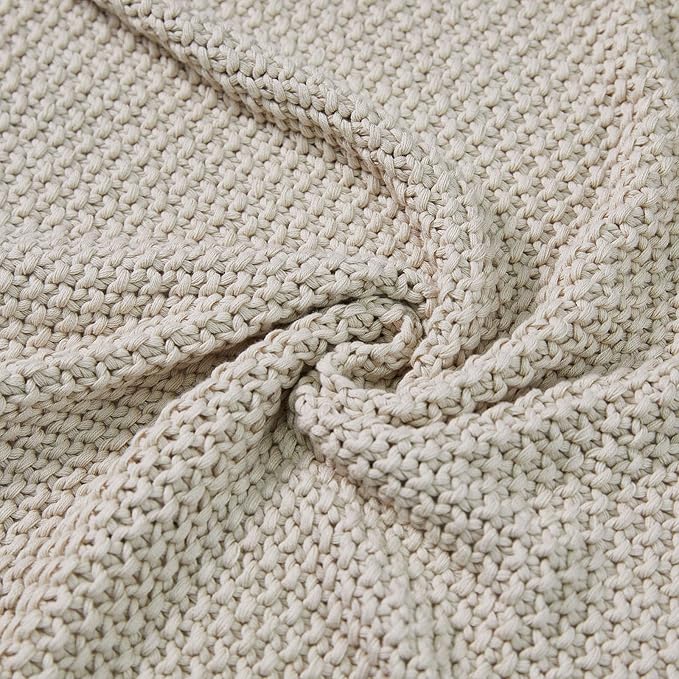 Joydeco Chunky Cable Knit Throw Blanket, Lightweight 100% Organic Cotton Soft Cozy Throw Twin Blanket for Couch Bed and Sofa, Rustic Breathable Farmhouse Blanket Gift for Women Men(Beige, 60"x80")