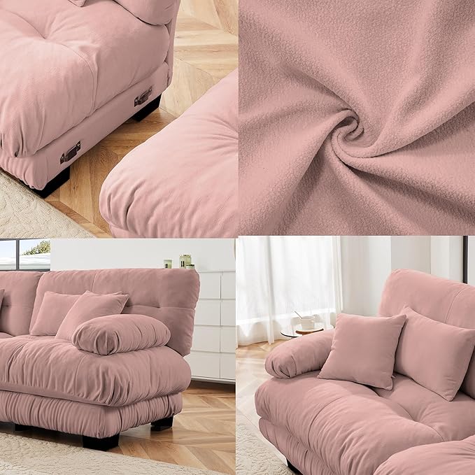 Loveseat Modular Sectional Sofa, U Shaped Couch with Ottoman, Cloud Couch Sectional Couch Home Sofa Living Room Oversized Couch Deep Seat Couch with Round Bolster Armrests 4 Pillows(Pink)