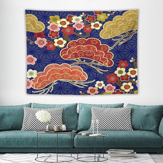 HZOHNAGO Japanese Tapestry Art Abstract Colorful Cherry Blossom Blue Background Pattern Printed Wall Tapestry Painting Wall Hanging for Bedroom Living Room Dorm 80" W x 60" H