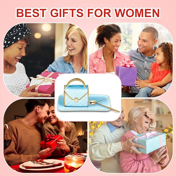 Zubebe 1 Set Coffee Mug Elegant Handbag Shaped Cup Modern Ceramic Purse Mug with Spoon and Saucer, 10oz Cute Creative Tea Cup for Office Home Woman Girls Gift (Blue)