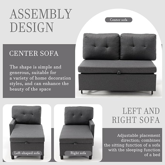 Pull Out Couch, Oversized Sleeper Sofa Couch, Sectional Sleeper Sofa Bed for Living Room Bedroom Lounge (Grey, 110 Inch)