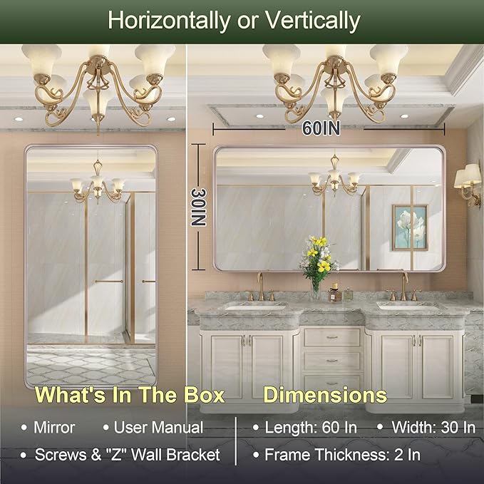 60 x 30 Inch Wall Mirror for Bathroom, Purple Gold Large Bathroom Vanity Mirror with Ribbed Texture Metal Frame Soft Rounded Corner for Hotel/Bedroom/Entryway (Horizontal/Vertical)