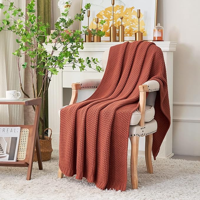 Longhui bedding Chunky Cable Knit Throw Blanket Lightweight Rust 100% Organic Cotton Blanket for Sofa Couch Bed Baby Nursery, Rustic Shabby Chic Modern Farmhouse, 51” x 63” Give Laundering Bag