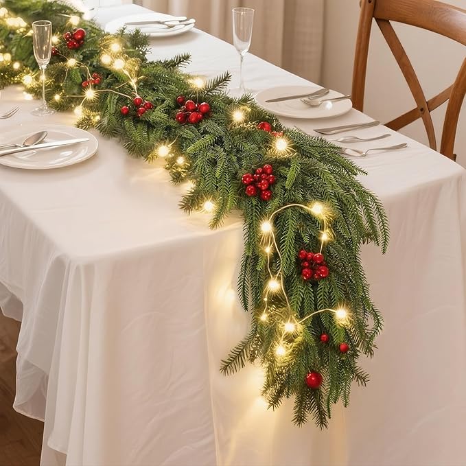 9FT Christmas Norfolk Pine Garland -1PCS, Artificial Pine Needles Garlands Faux Greenery Fake Garland for Holiday Fireplace,Table,Window,Stairs,Mante,Indoor Outdoor Decor