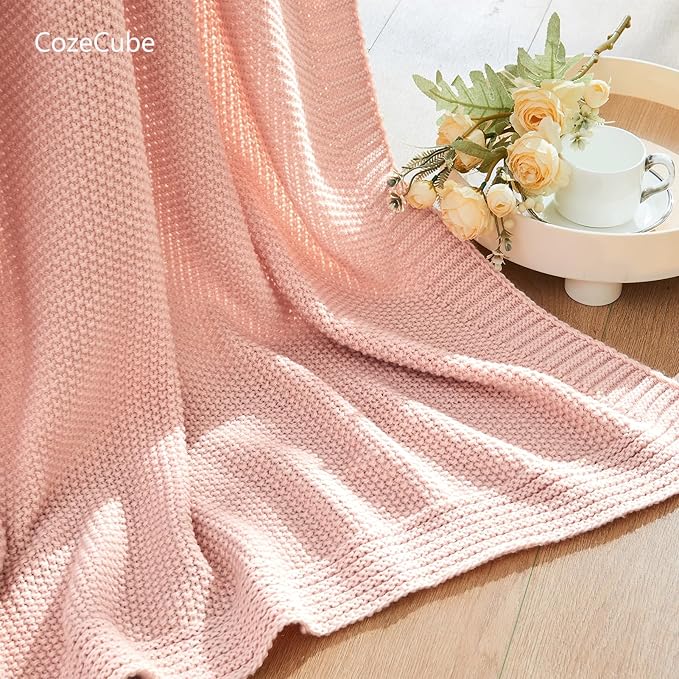 CozeCube Pink Throw Blanket for Couch, Soft Cozy Cable Knit Throw Blanket for Bed Sofa Living Room, Lightweight Warm Decorative Farmhouse Christmas Blanket, 60"x80", Pink
