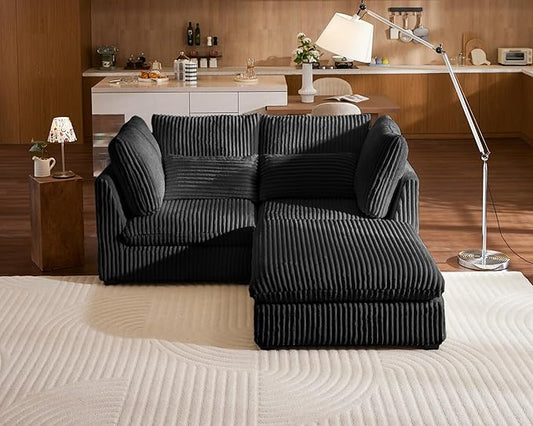 Oversized Modular Sofa, Extra Deep Cloud Corduroy Sectional Couch with Ottoman Chaise, Fluffy Chenille Loveseat L Sofa for Living Room, Villa (Loveseat+Ottoman, Corduroy Black)
