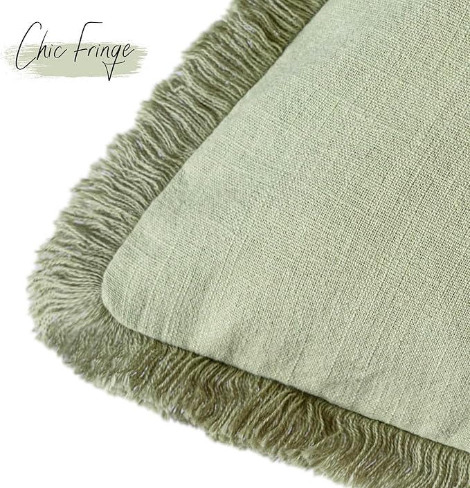 Foindtower Decorative Linen Fringe Lumbar Throw Pillow Covers Cozy Boho Farmhouse Cushion Cover with Tassel Soft Accent Pillowcase for Sofa Bed Living Room Home Decor, 12×20 Inch, 1PC,Light Sage Green