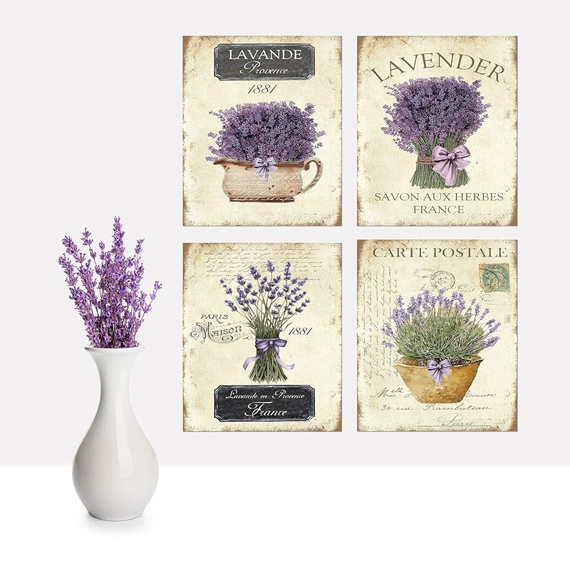 Twisted R Design Wall Art Canvas Prints - 4 Vintage Farmhouse Decor Prints - 8x10 Wrapped Canvas Floral-Themed Pictures - Made in USA Wall Art for Living Room, Bedroom, Office, More - French Lavender