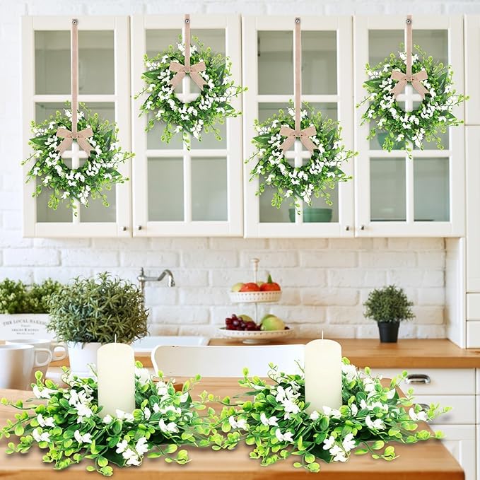 6 Pcs Artificial Forsythia Hanging Flower Wreaths Mini Green Boxwood Candle Rings Wreath Small Green Kitchen Cabinet Wreath for Pillar Front Door Porch Wall Window Farmhouse Home Decoration
