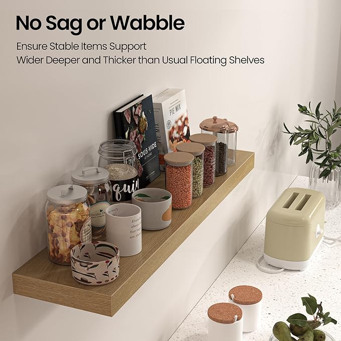 Floating Shelves for Wall, 24" W x 6.7" D x 1.5" H, Wooden Wall Mounted Display Shelves with Invisible Brackets for Living Room, Bedroom, Bathroom, Kitchen Decor and Storage, Set of 2, Oak