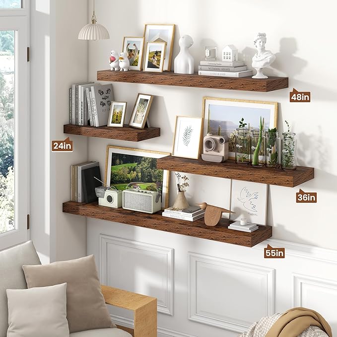 Heimlove 48" Floating Shelves for Wall,10 Deep Rustic Brown Wood Display & Storage Wall Shelves with Heavy Duty Brackets for Bathroom,Bedroom,Kitchen,Living Room,Office