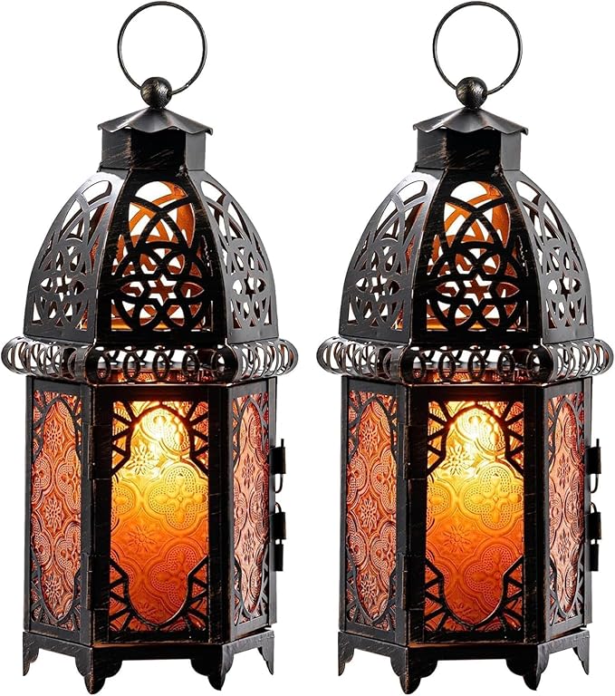 NEEDOMO Set of 2 Hanging Moroccan Lantern, 12.8'' Vintage Candle Holder, Metal Lanterns Decorative Indoor Outdoor, Table, Patio, Porch, Shelf, Ramadan Decorations (Amber)