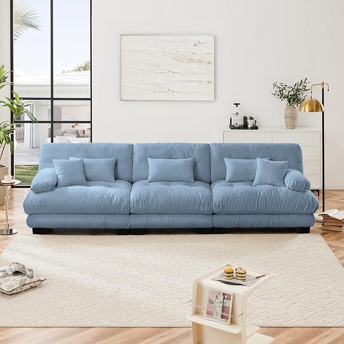 Modular Sectional Sofa, Comfy Cloud Couch 3 Seater Couch, Sectional Couches for Living Room, Modern Chenille Oversized Couches for Bedroom, Sleeper Deep Seat Sofa with Throw Pillows, Blue