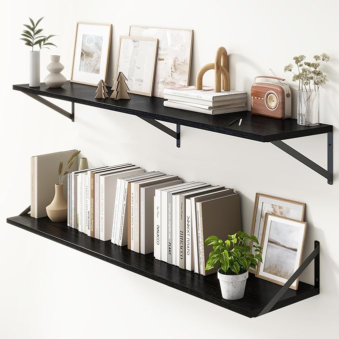 Floating Shelves 55 Inch Long, 10" Deep Floating Shelves, Black Wall Shelves 55 x 10, Set of 2, Wide Large Display Storage Shelves for Bathroom, Living Room, Rustic Wood Shelves with Brackets